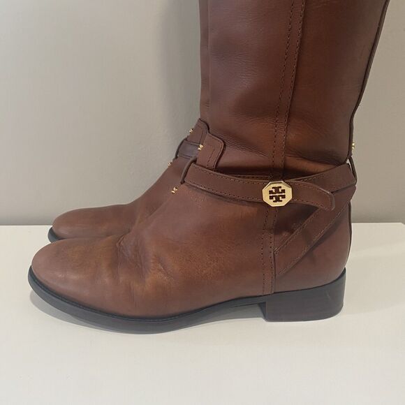 TORY BURCH BRITA Brown Leather Riding Boots 7.5 Gold Logo Tall Knee High Womens - Picture 7 of 16
